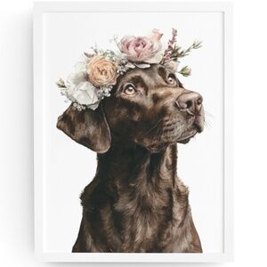 Watercolor Labrador Retriever with Flower Crown Portrait Wall Art Print Unframed